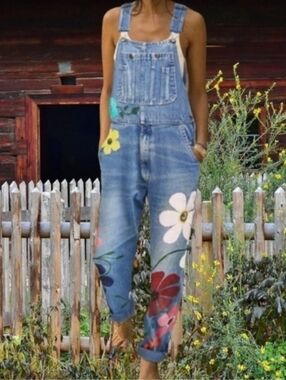 NWOT! MISSLOOK Denim Overalls with Multicolor Painted Floral Prints. Size L